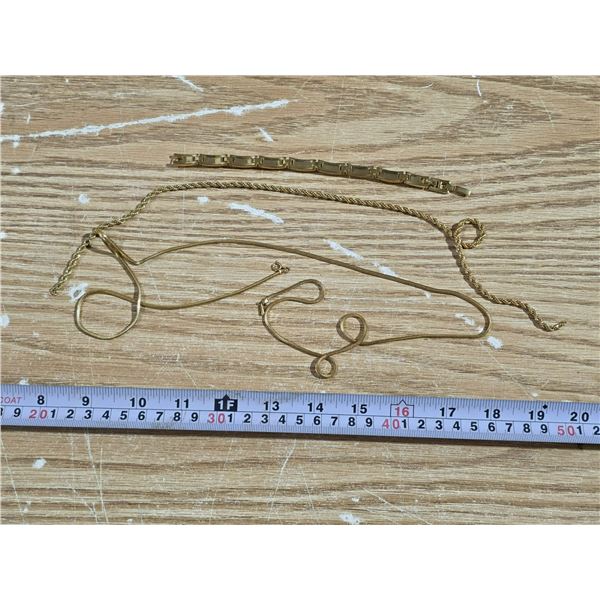 (3) Gold Tone Items, Brcalet, Snake Style Necklace 16'' Lonf, Choker Necklace Missing Hooks 8'' Long