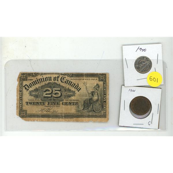 1900 Dominion of Canada 25 Cents Shinplaster, 1901 Canada Large One Cent and 1950 Canada 5 Cents.