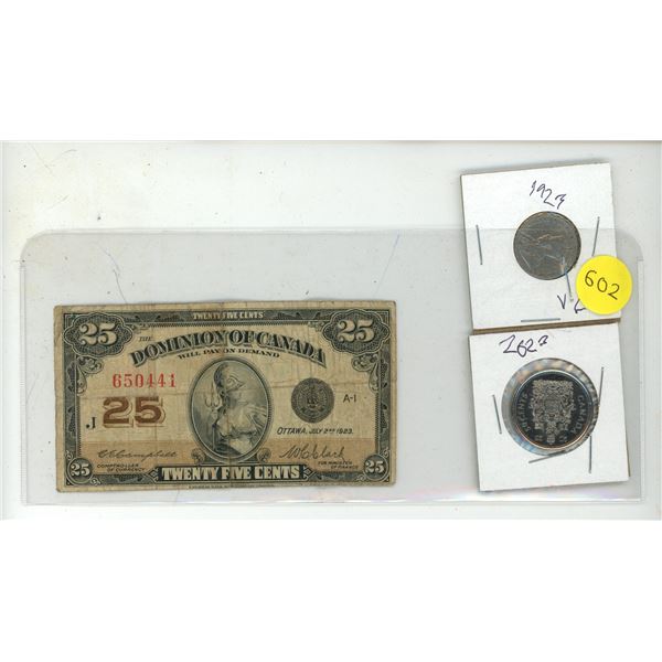 1923 Dominion of Canada 25 Cents Shinplaster, 2023 Canada 50 Cents and 1923 Canada 5 Cents.