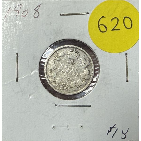 1908 Canada Silver 10 Cents.