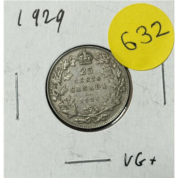 1929 Canada Silver 25 Cents.