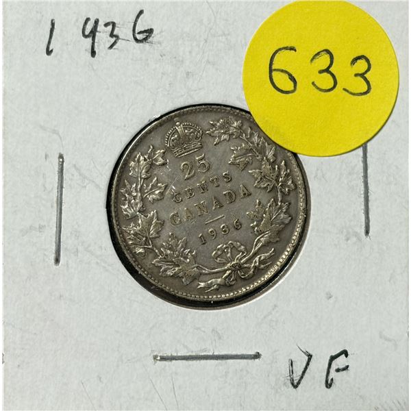 1936 Canada Silver 25 Cents.