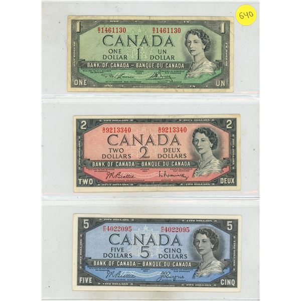 1954 Canada One, Two and Five Dollars.