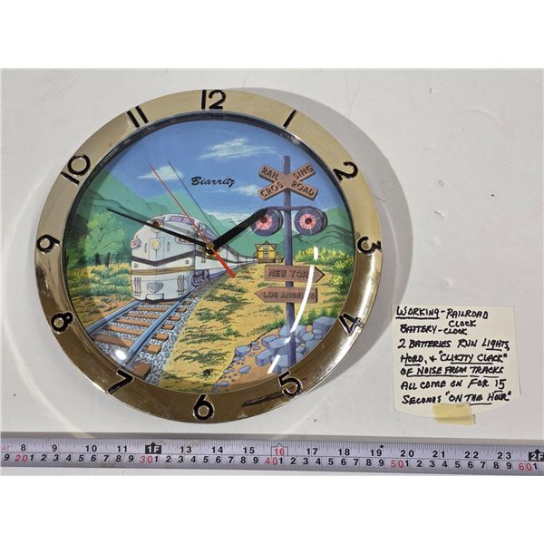 R.R. Clock w/ on-the-hour Crossing Signal Lights, Train Whistle, & Wheel Noises