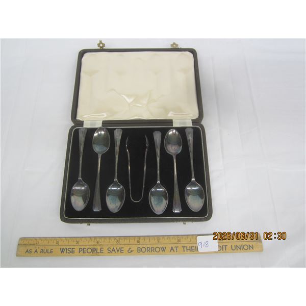 918. Antique Siver Plate Teaspoons and Sugar Tongs with Original Display Case