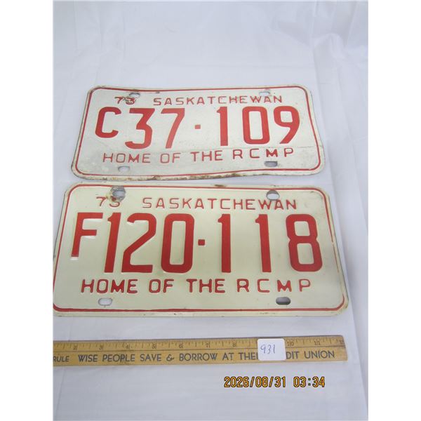 931. 2 Saskatchewan 1973 License Plates one is a C Plate the other a F Plate