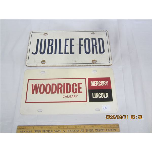 932. 2 Vintage New Car Front Plates Jubilee Ford and Woodridge Mercury Lincoln Calgary