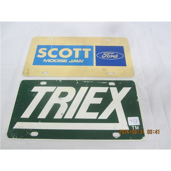 933. 2 Vintage New Car Front Plates Scott Ford Moose Jaw and Triex
