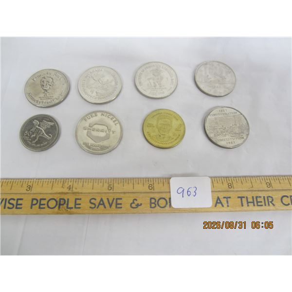 963. Lot of 6 Vintage Tokens and 2 Dollar Coins