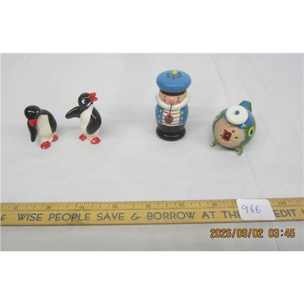 966. 1960'S 2 Penguin Figures and Wooden Salt and Peppers Sea Captain and Whale Hand Made