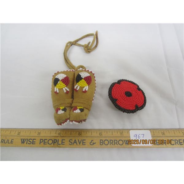 968. Native American Ornamental Baby Boots Hand Beaded and a Beaded Poppy Pin