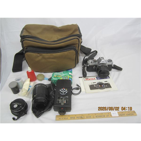 971. Pentax MX 35 mm Camera Outfit Body, 3 Lenses, Flash, Case and Accessories Camera are Working Go