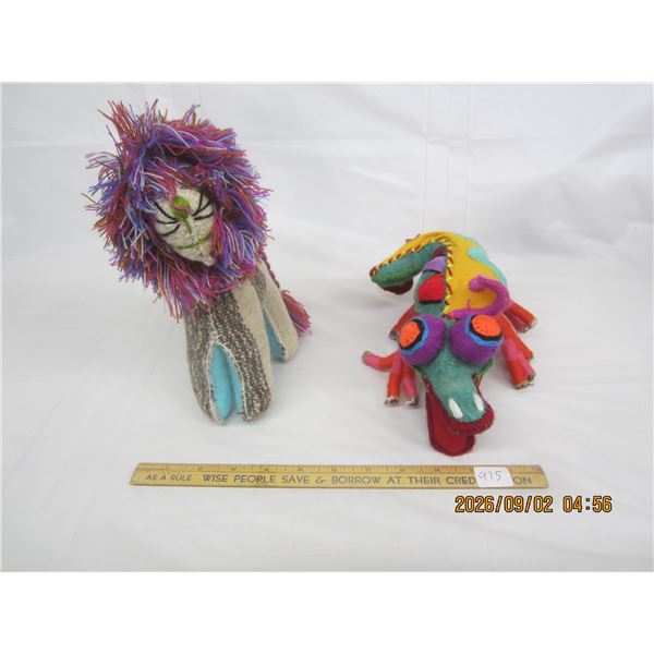 975. Vintage Mexican Folk Art Stuffed Animals Lion and Alligator
