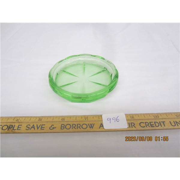 996. Antique Depression Uranium Green Glass Ash Tray Glows Green Under Light