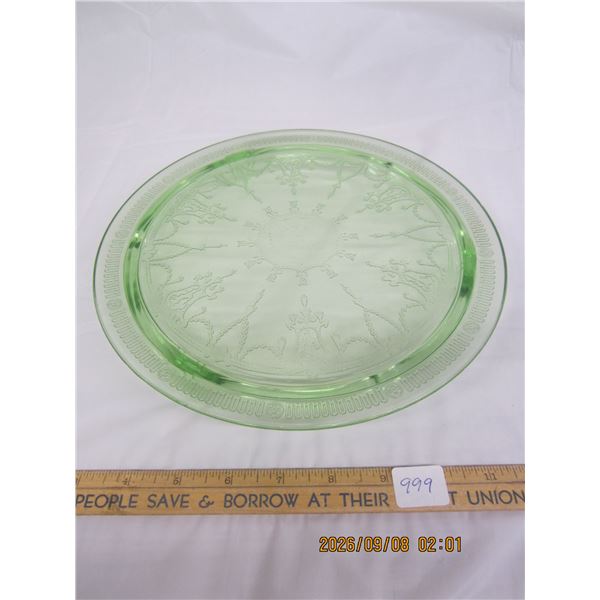 999. Uranium Glass Antique Depression Glass Cake Plate Glows Green Under Light
