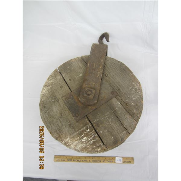1021. Large Hand Made Wooden Barn Pulley