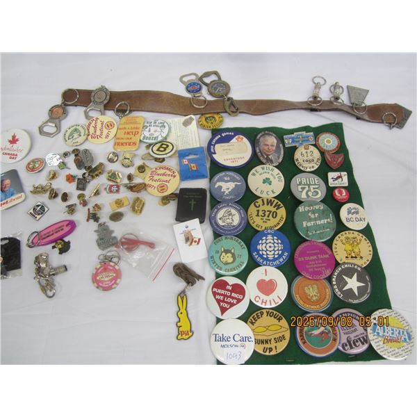 1043. Lot of Vintage Pins, Bottle Openers, John Diefenbaker Pin Back Button Etc.