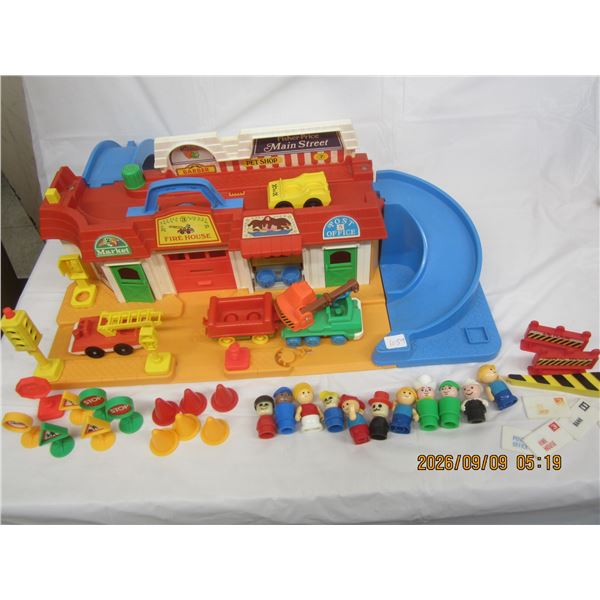 1059. Vintage Fisher Price Main Street Playset Lots of Accessories and Action Figures