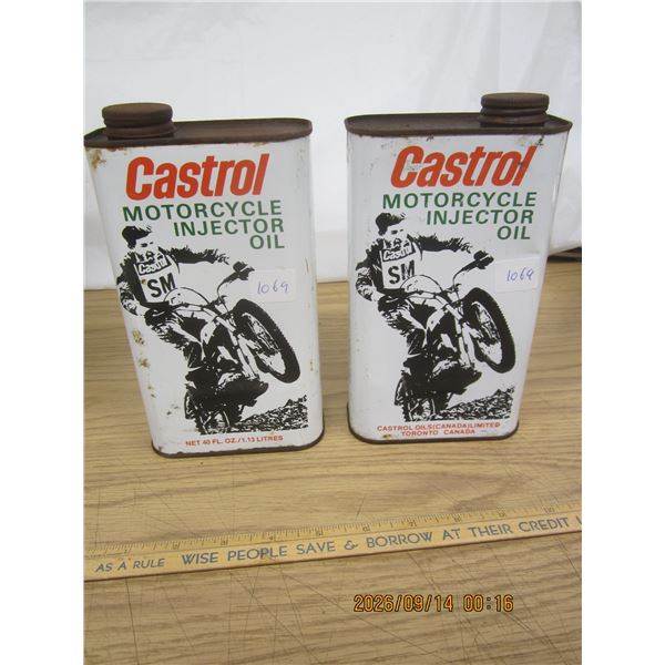1069. 2 Castrol Motorcycle Injector Oil Cans Full Circa 1970'S
