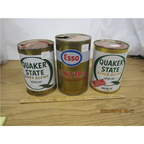 1071. 3 Vintage Oil Tins Quaker State and Esso