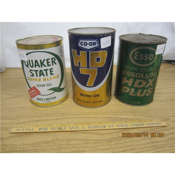 1072. 3 Vintage Oil Tins Quaker State, Co-op, Esso