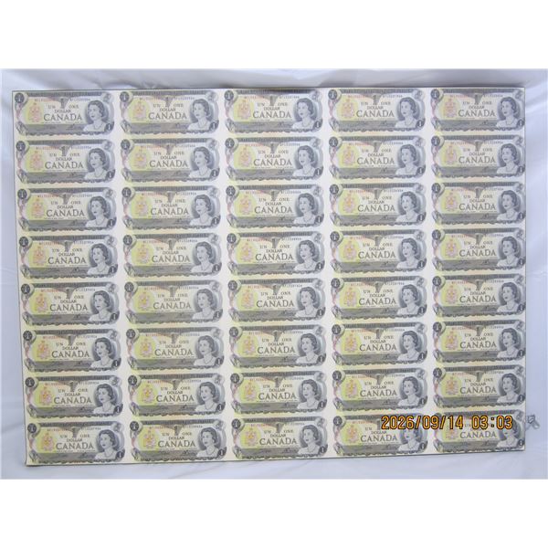 1101. Vintage Laminated Uncut Canadian Sheet of Dollar of 1 Dollar Bills 1973 all Serial Numbers are