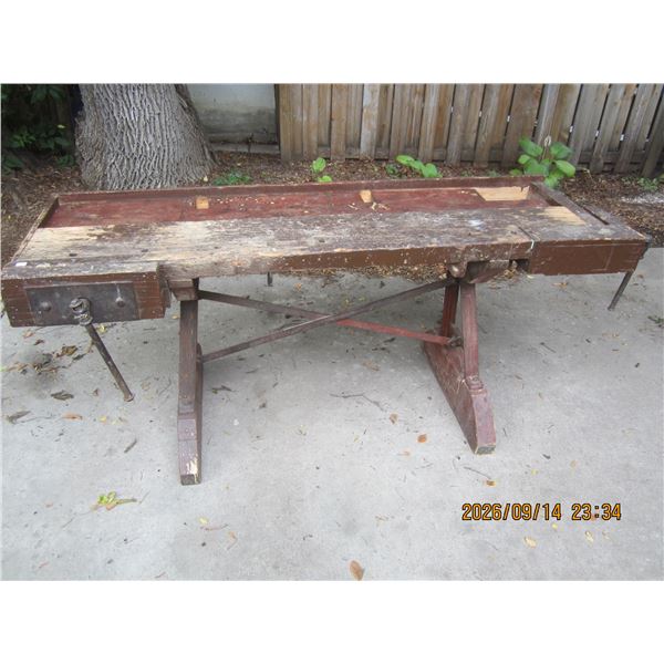 1107. Antique Pine Primitive Work Bench with a Cast Iron Base Rare Item Would Make a Great Kitchen I