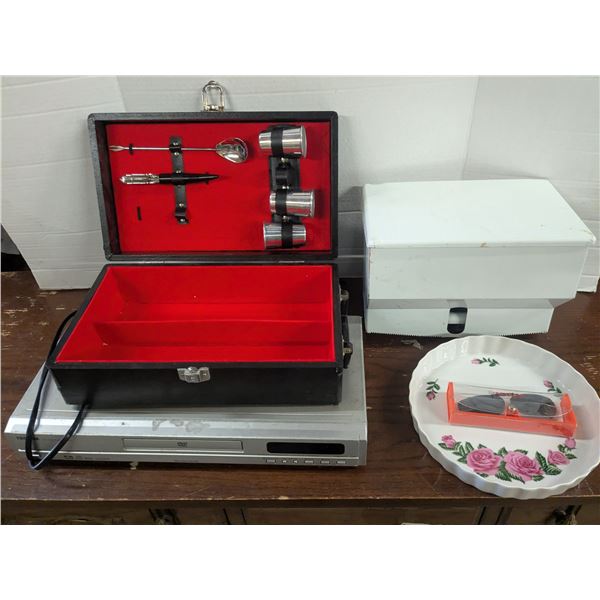Mixed Lot – DVD Player, Ceramic Platter, “Travel Bar” Chest, etc.