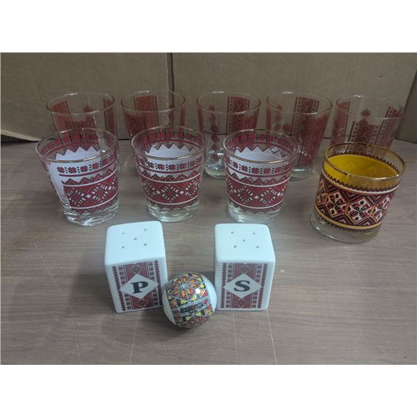 (9) Ukrainian Design Glasses, Salt & Pepper Shaker, Golf Ball