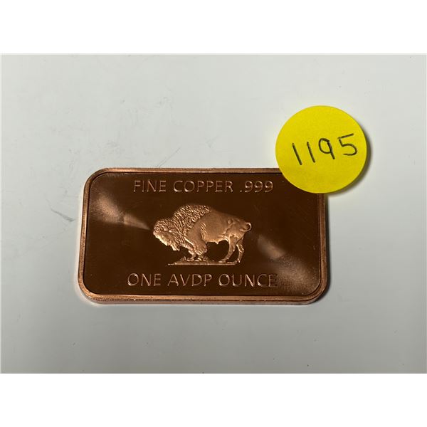 Fine Copper .999 - One AVDP Ounce Bar.