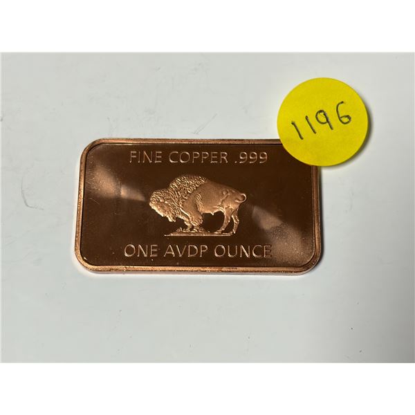Fine Copper .999 - One AVDP Ounce Bar.