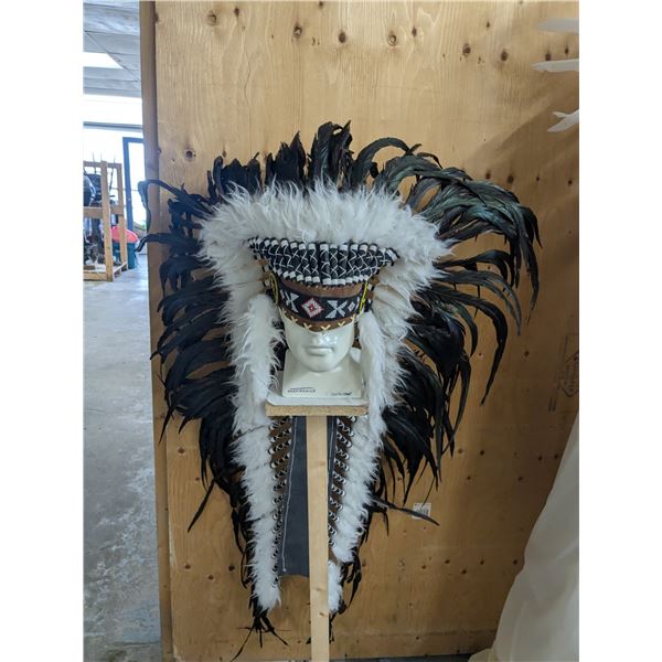 Black & White Beaded Feather Headdress, 53" L x 32" W