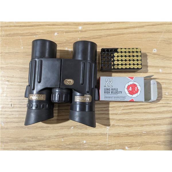 Merlin 10x32mm Binoculars, (34) .22 Long Rifle Ammo **PAL REQUIRED