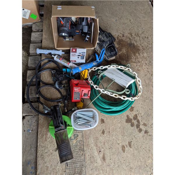 Misc. Tool Lot – Insect Fogger, Milwaukee Charger, Garden Hose, etc.