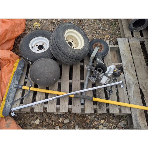 Mixed Pallet Lot – Trailer/Implement Tires, Shop Broom, etc.