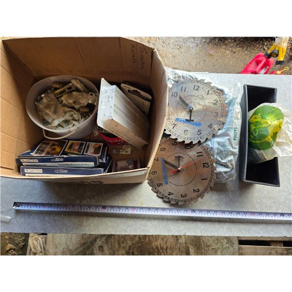 Box of misc hardware- saw blade clocks