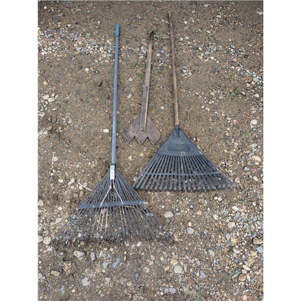 (2) Leaf Rakes, Vintage Hay Knife