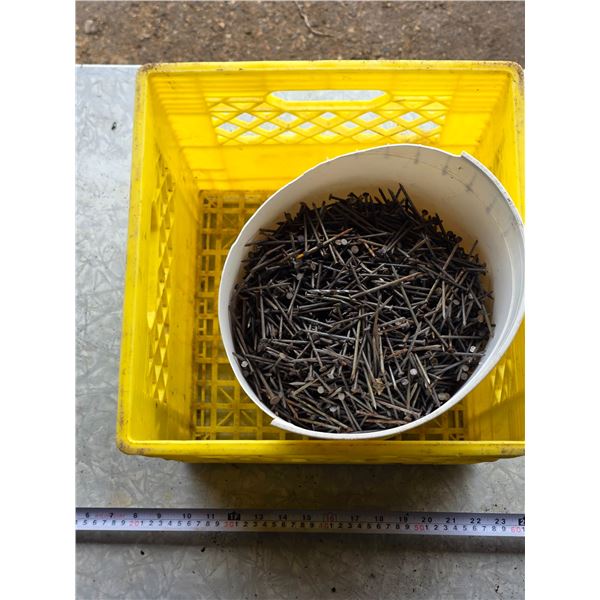 Bucket of nails and milk crate