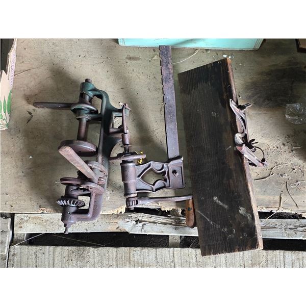 Antique tools, hand crank drill press, can sealer