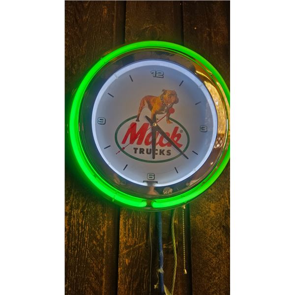 Mack Trucks Neon Ring Clock - Working.  Electric Light & Battery Movement.