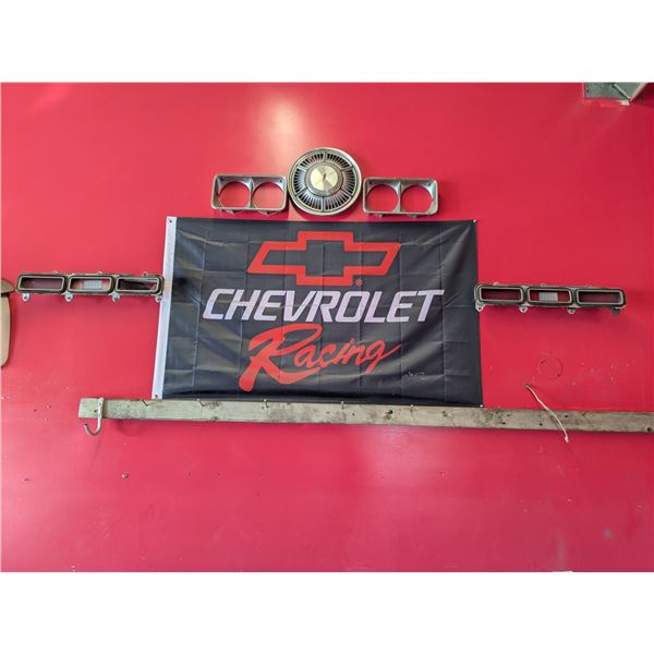*OFFSITE* Wall Display – As is.  36”x 60” Flag w/ Car Parts