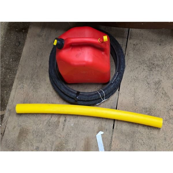 plastic tube, gas can, bike tires