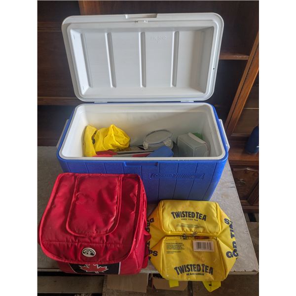 Coleman Cooler, (2) Cooler Bags, Kitchenware, etc.