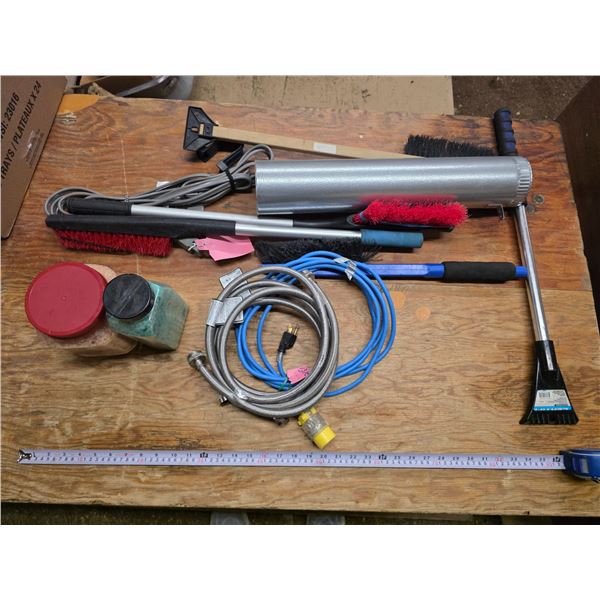 Lot of misc items, snow brushes, salt