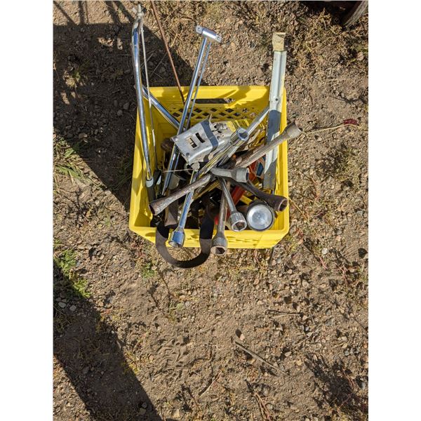*OFFSITE* Milk Crate of Assorted Wheel Wrenches, Tools, etc.