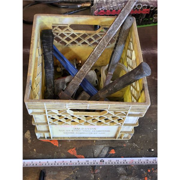 *OFFSITE* Assorted Tools in Milk Crate – Hammer, Wrenches etc.