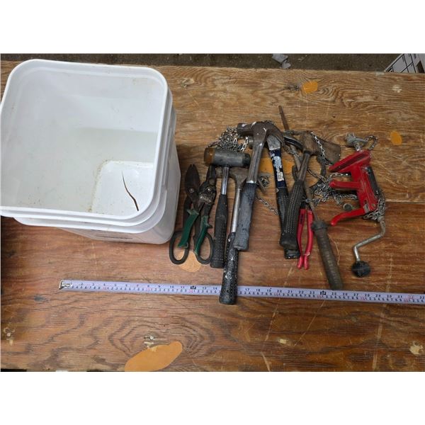Bucket of misc tools- hammers, snips