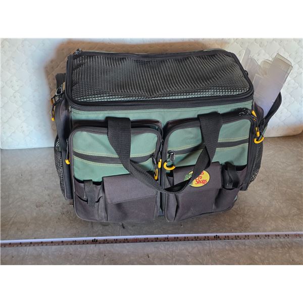 Large bass pro fishing tackle box with fishing lures