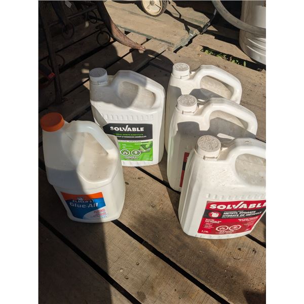 Glue & Solvent Jug Lot – (1) PVA Glue, (1) Mineral Spirits, (3) Methyl Hydrate Solvents