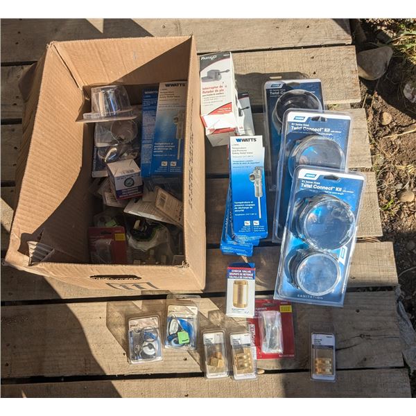 Box of NOS Plumbing Supplies – Pressure Reliefs, Connectors, Valves, etc.